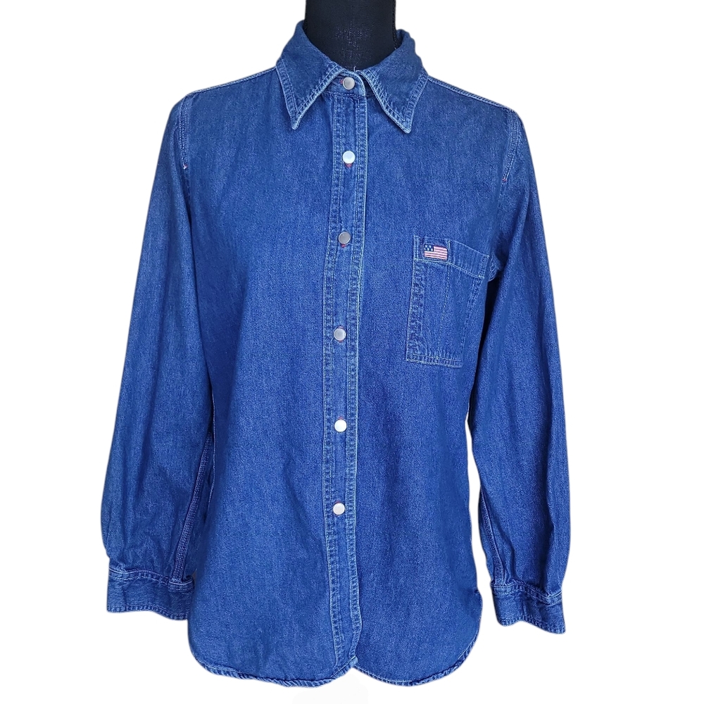 Carolina Blues Denim Blue Cotton Button Front Shirt Patriotic Women's Size M